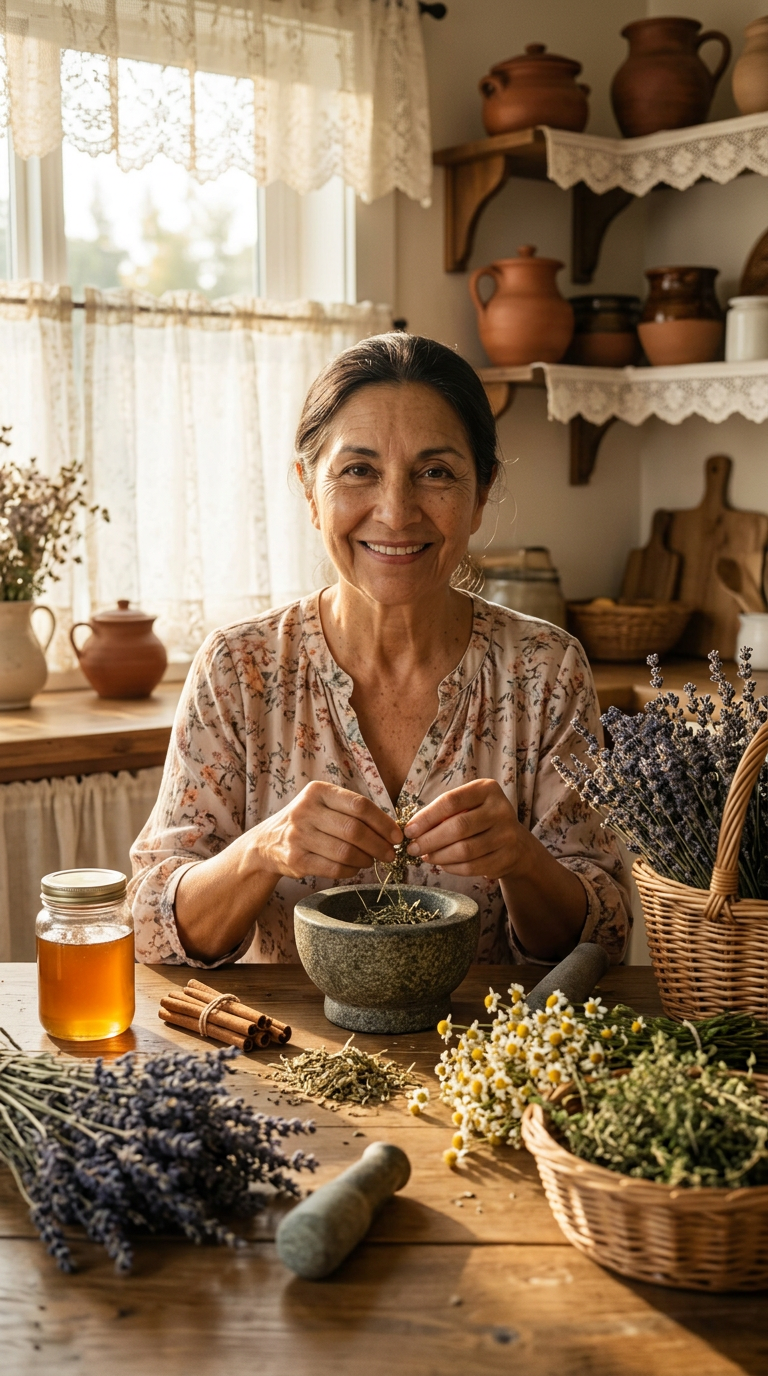 Mi abuela preparando hierbas medicinales en su cocina
