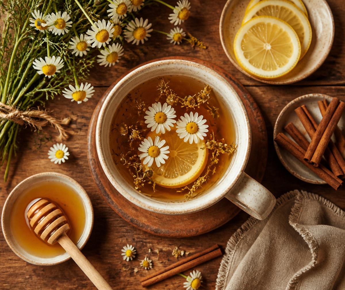 Infusión de manzanilla con miel y limón